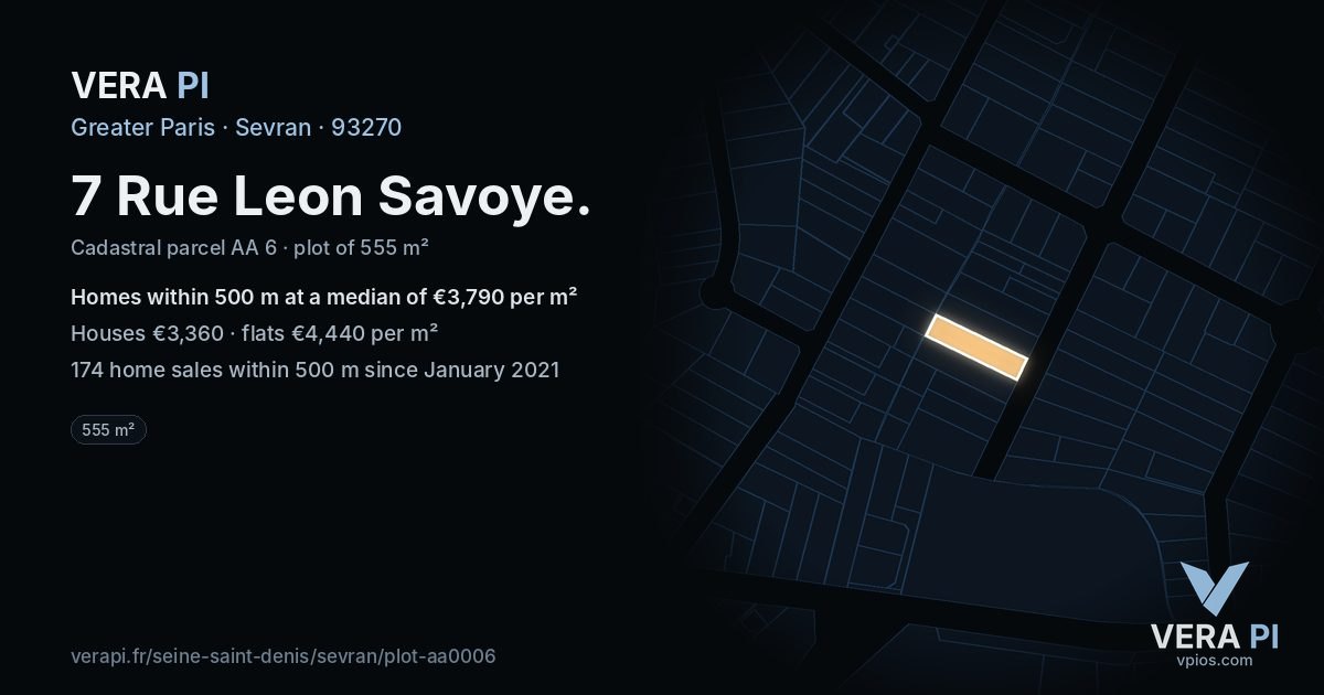 7 Rue Leon Savoye, Sevran at night – the plot lit, the parcels around coloured by the prices near them