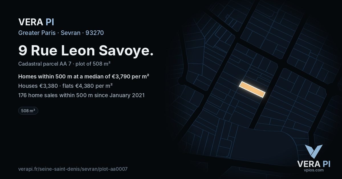 9 Rue Leon Savoye, Sevran at night – the plot lit, the parcels around coloured by the prices near them