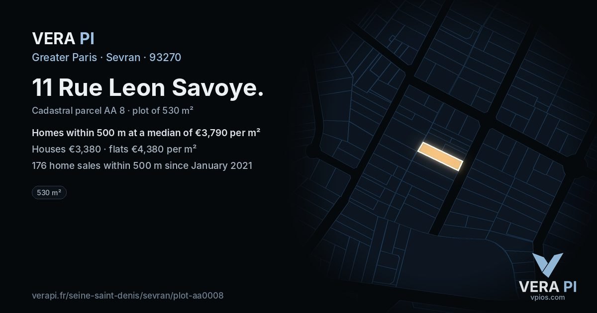 11 Rue Leon Savoye, Sevran at night – the plot lit, the parcels around coloured by the prices near them