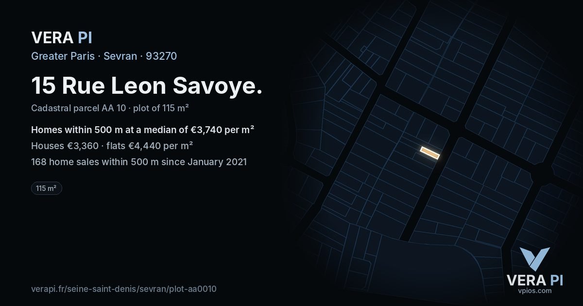 15 Rue Leon Savoye, Sevran at night – the plot lit, the parcels around coloured by the prices near them
