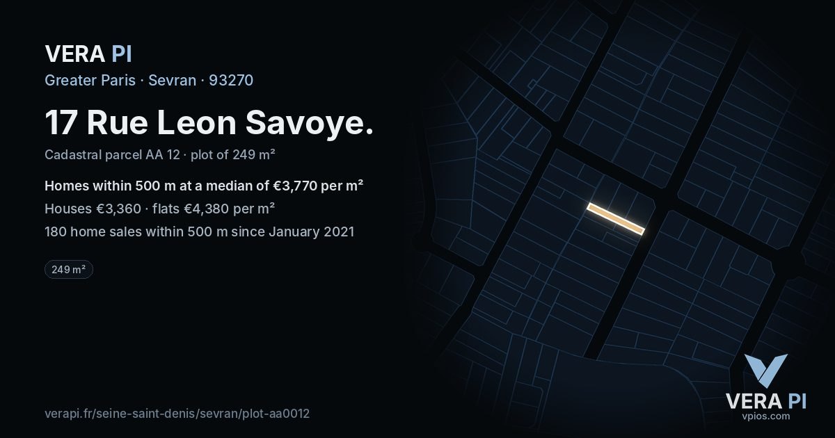 17 Rue Leon Savoye, Sevran at night – the plot lit, the parcels around coloured by the prices near them