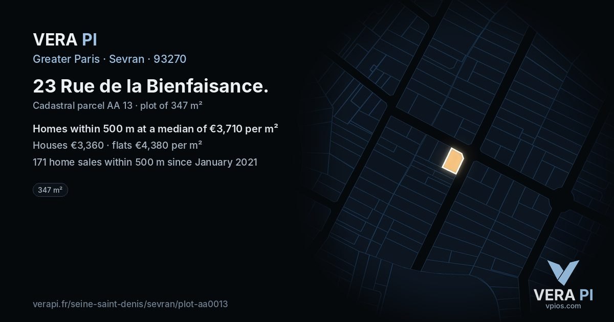 23 Rue de la Bienfaisance, Sevran at night – the plot lit, the parcels around coloured by the prices near them