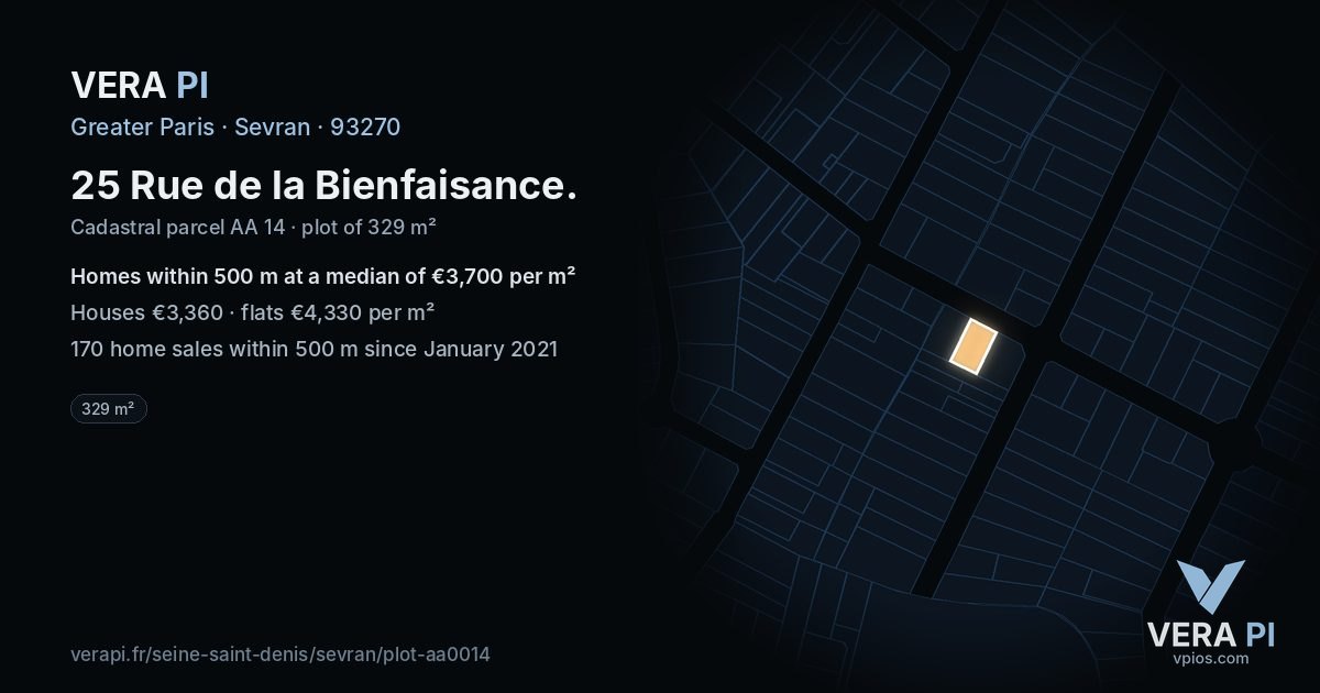 25 Rue de la Bienfaisance, Sevran at night – the plot lit, the parcels around coloured by the prices near them