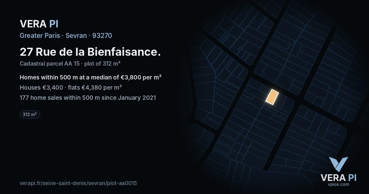 27 Rue de la Bienfaisance, Sevran at night – the plot lit, the parcels around coloured by the prices near them