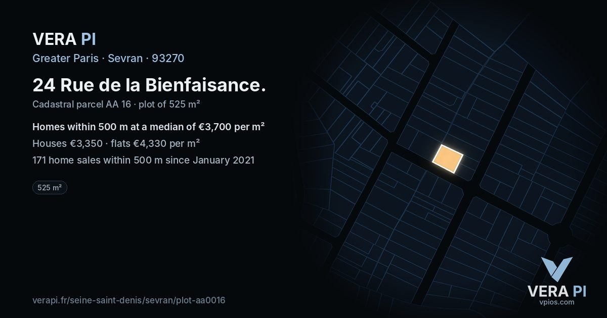 24 Rue de la Bienfaisance, Sevran at night – the plot lit, the parcels around coloured by the prices near them