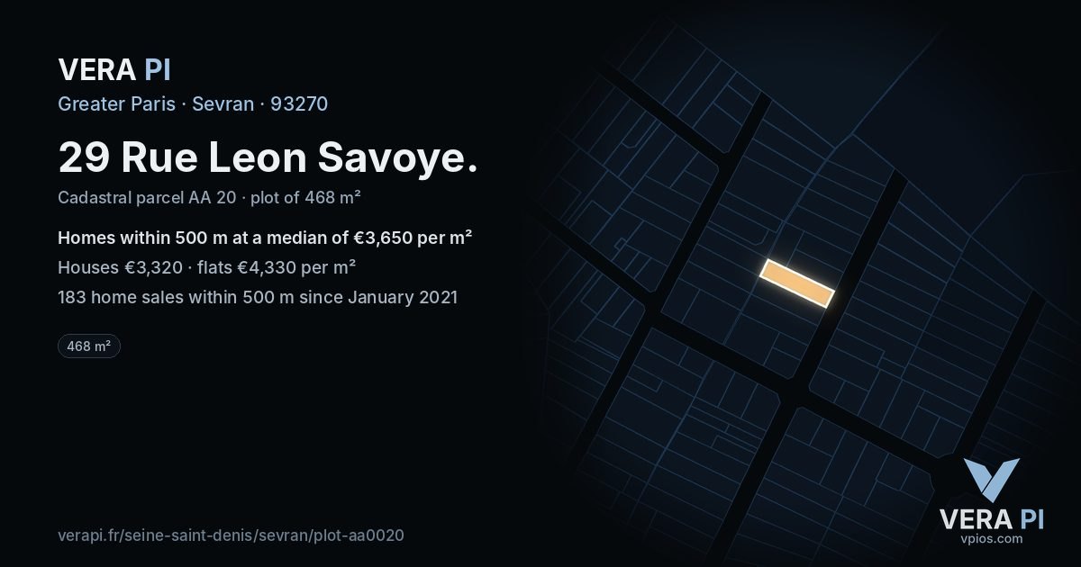 29 Rue Leon Savoye, Sevran at night – the plot lit, the parcels around coloured by the prices near them