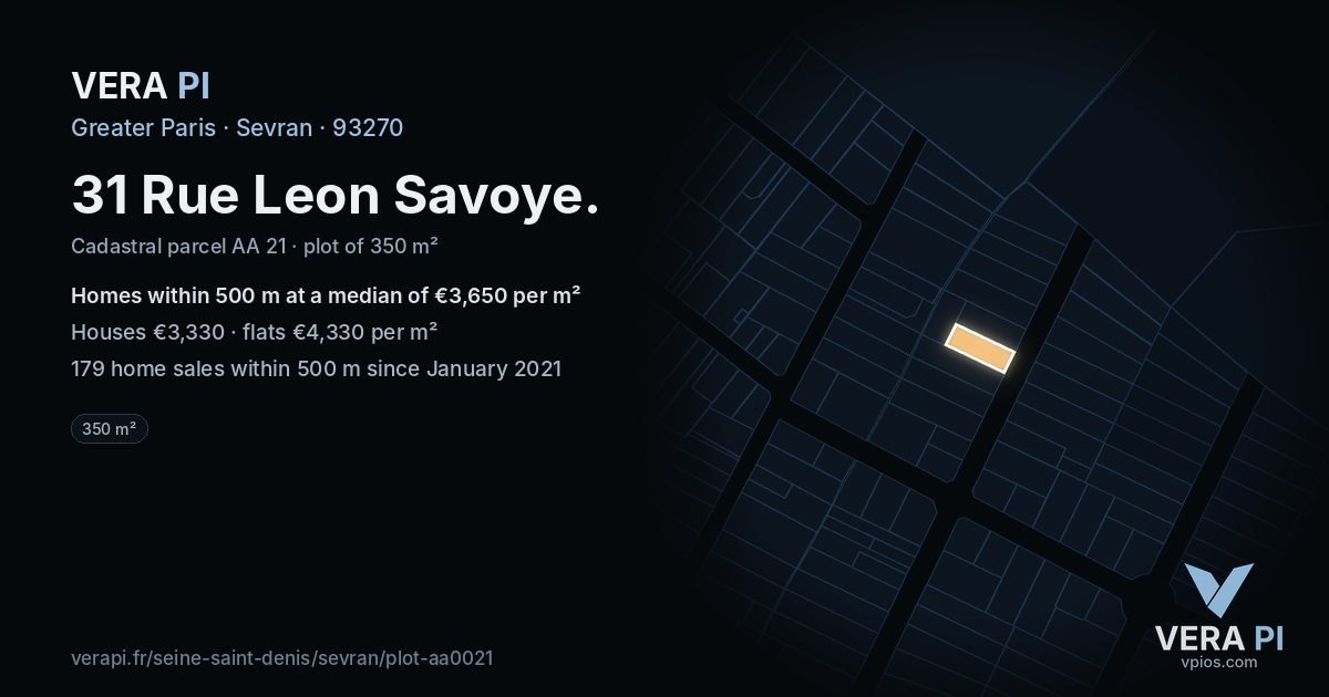 31 Rue Leon Savoye, Sevran at night – the plot lit, the parcels around coloured by the prices near them