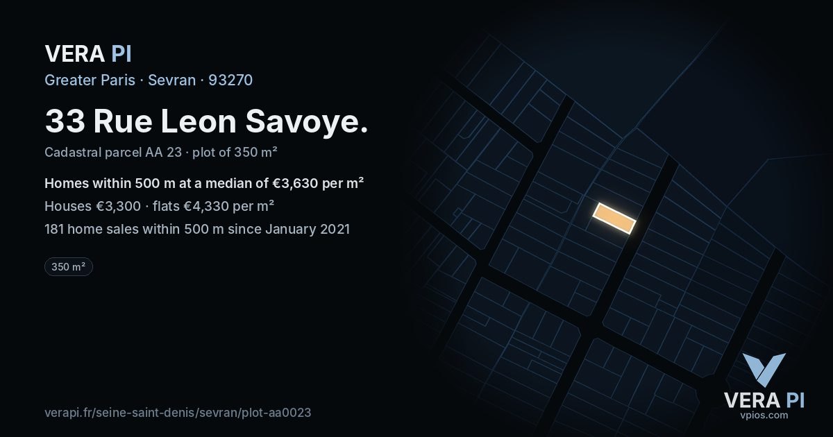 33 Rue Leon Savoye, Sevran at night – the plot lit, the parcels around coloured by the prices near them