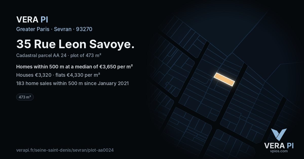 35 Rue Leon Savoye, Sevran at night – the plot lit, the parcels around coloured by the prices near them