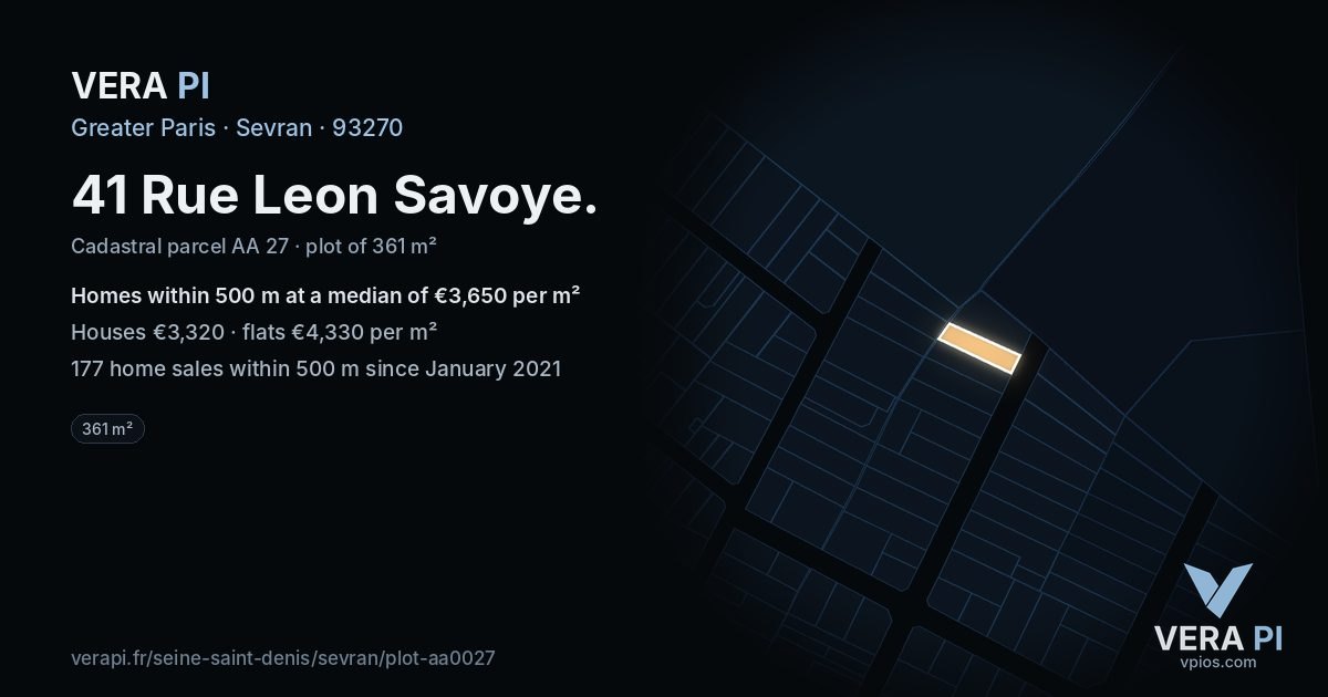 41 Rue Leon Savoye, Sevran at night – the plot lit, the parcels around coloured by the prices near them