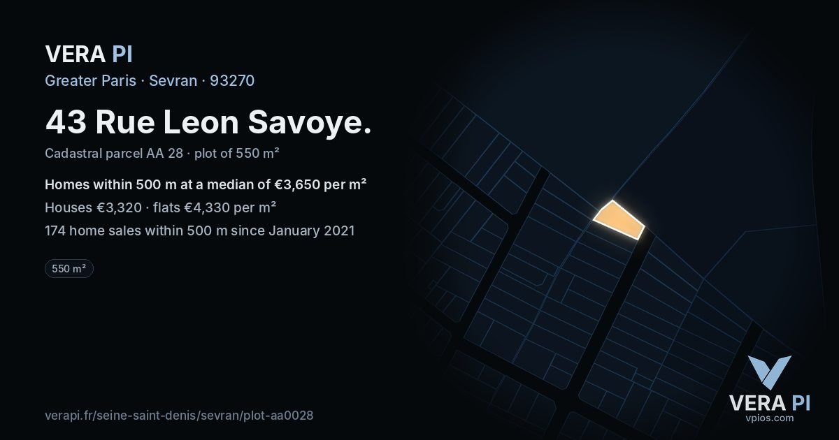 43 Rue Leon Savoye, Sevran at night – the plot lit, the parcels around coloured by the prices near them