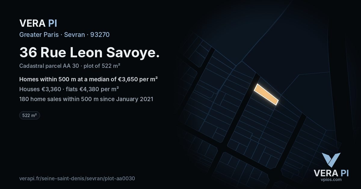 36 Rue Leon Savoye, Sevran at night – the plot lit, the parcels around coloured by the prices near them