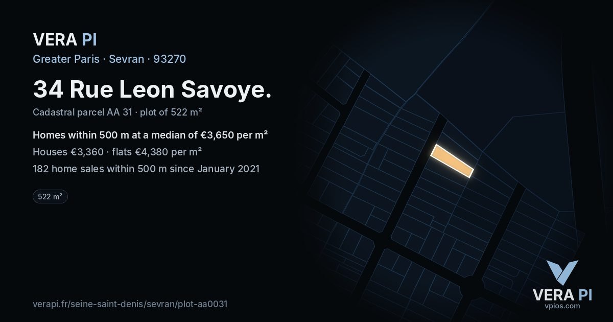 34 Rue Leon Savoye, Sevran at night – the plot lit, the parcels around coloured by the prices near them