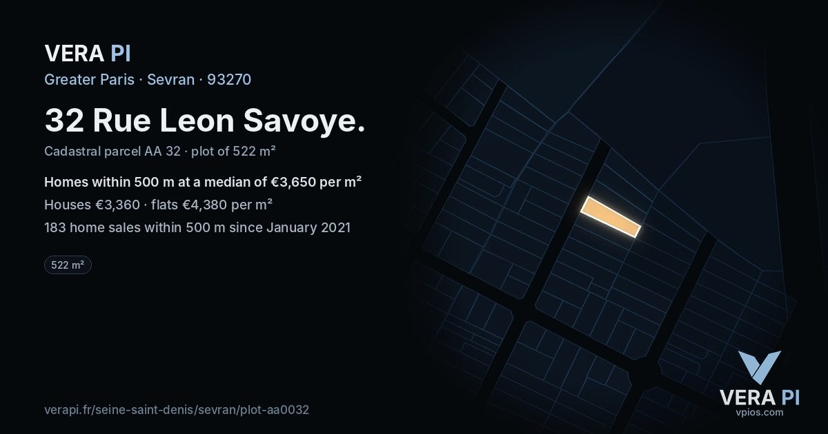 32 Rue Leon Savoye, Sevran at night – the plot lit, the parcels around coloured by the prices near them