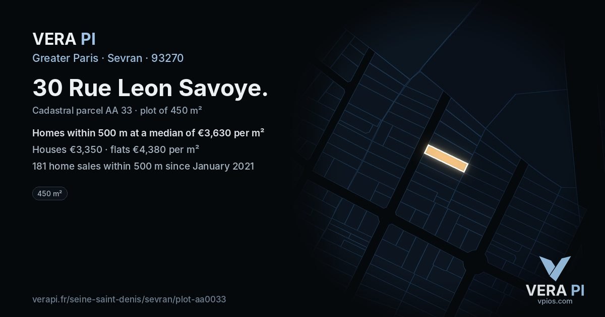 30 Rue Leon Savoye, Sevran at night – the plot lit, the parcels around coloured by the prices near them