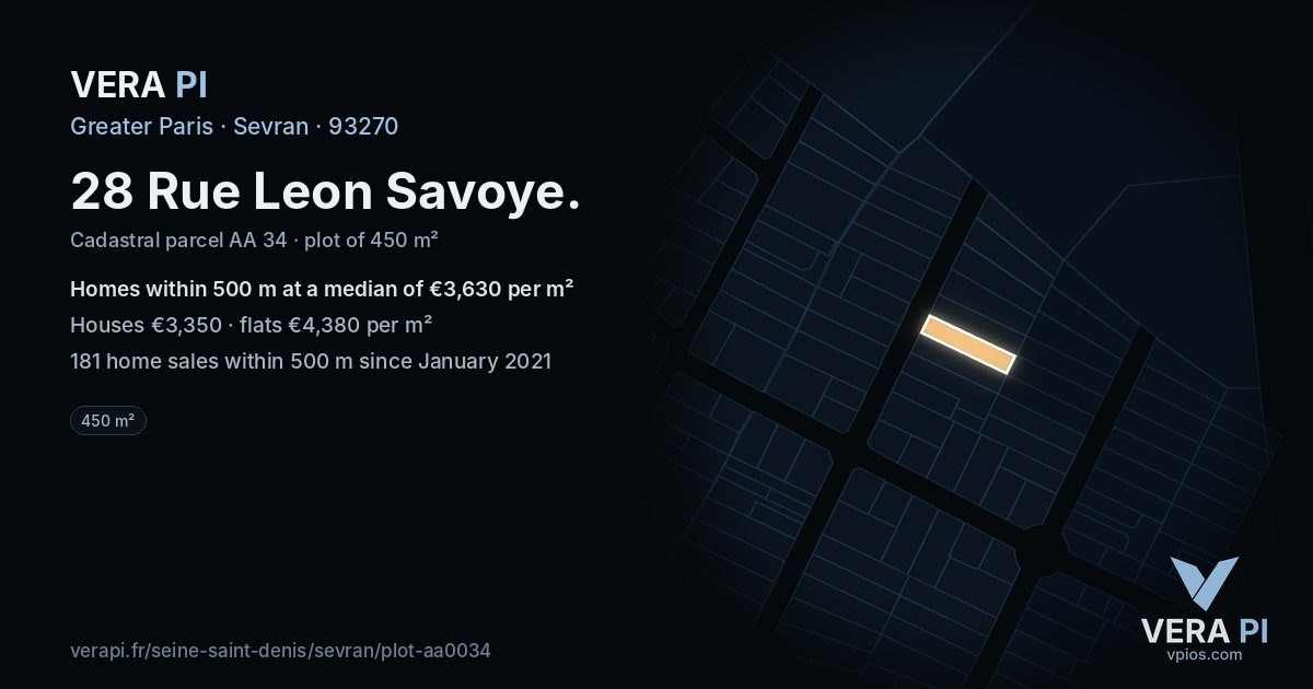 28 Rue Leon Savoye, Sevran at night – the plot lit, the parcels around coloured by the prices near them