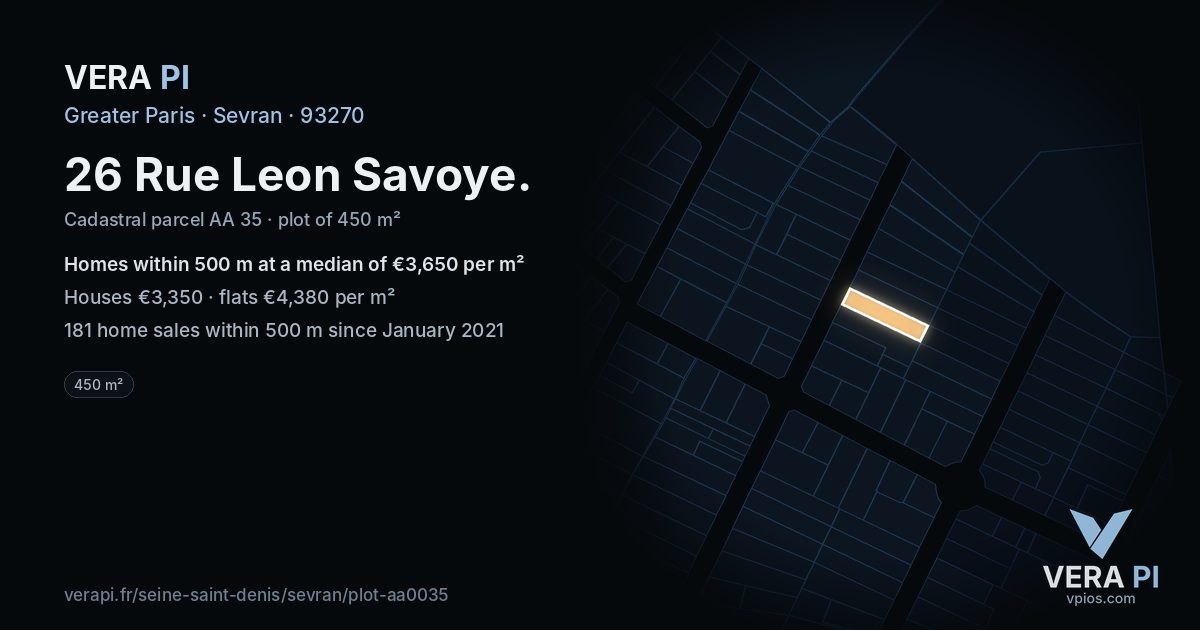 26 Rue Leon Savoye, Sevran at night – the plot lit, the parcels around coloured by the prices near them