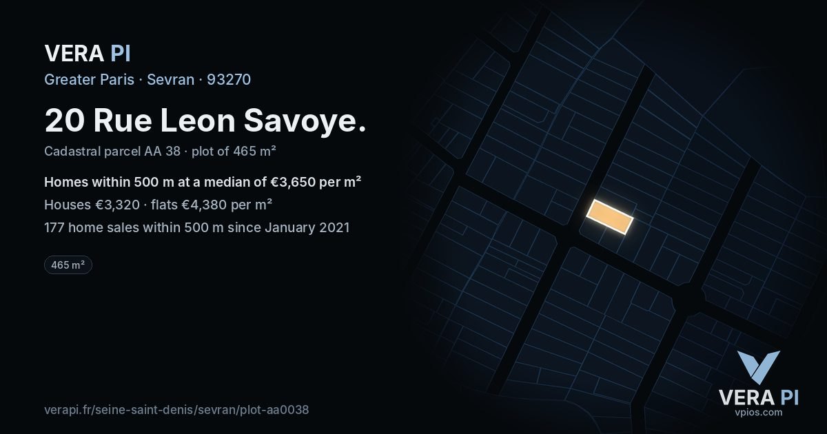 20 Rue Leon Savoye, Sevran at night – the plot lit, the parcels around coloured by the prices near them