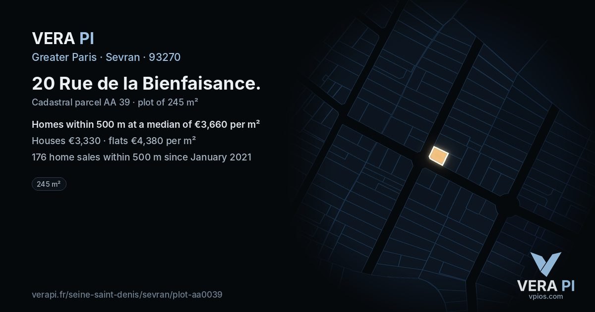 20 Rue de la Bienfaisance, Sevran at night – the plot lit, the parcels around coloured by the prices near them