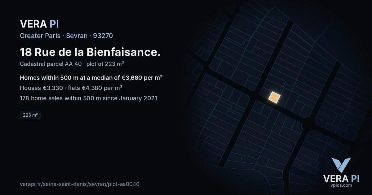 18 Rue de la Bienfaisance, Sevran at night – the plot lit, the parcels around coloured by the prices near them