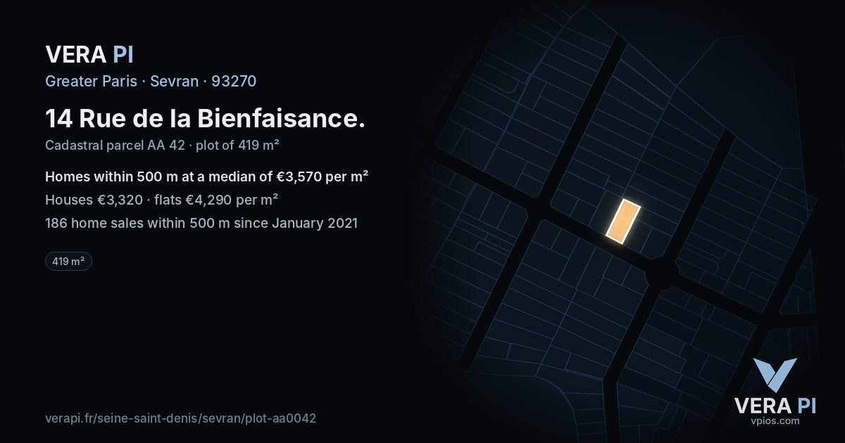 14 Rue de la Bienfaisance, Sevran at night – the plot lit, the parcels around coloured by the prices near them