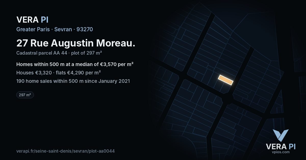 27 Rue Augustin Moreau, Sevran at night – the plot lit, the parcels around coloured by the prices near them