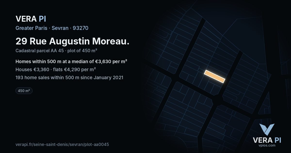 29 Rue Augustin Moreau, Sevran at night – the plot lit, the parcels around coloured by the prices near them