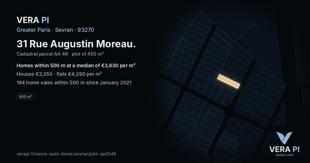 31 Rue Augustin Moreau, Sevran at night – the plot lit, the parcels around coloured by the prices near them