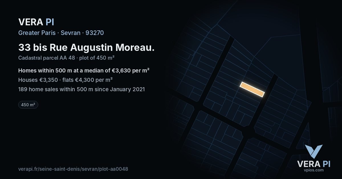 33 bis Rue Augustin Moreau, Sevran at night – the plot lit, the parcels around coloured by the prices near them
