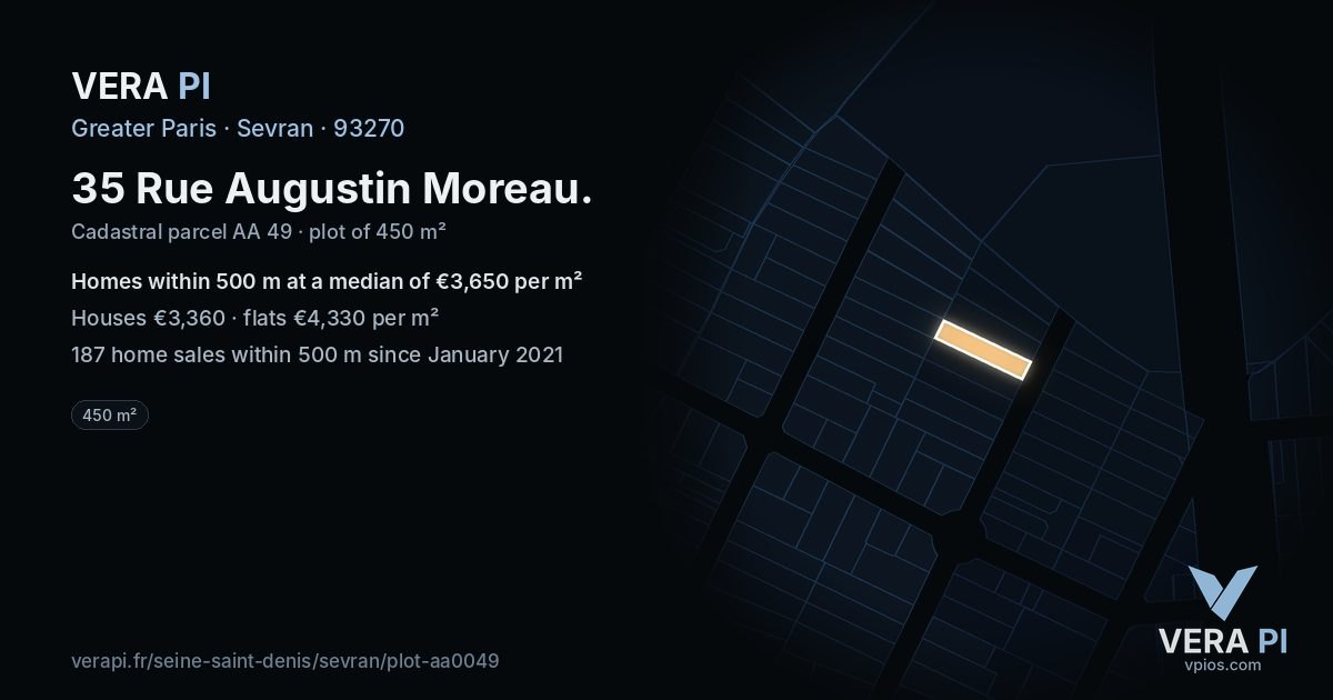 35 Rue Augustin Moreau, Sevran at night – the plot lit, the parcels around coloured by the prices near them
