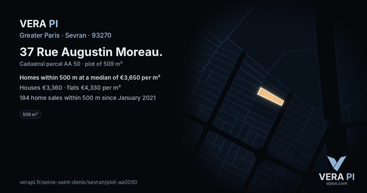 37 Rue Augustin Moreau, Sevran at night – the plot lit, the parcels around coloured by the prices near them