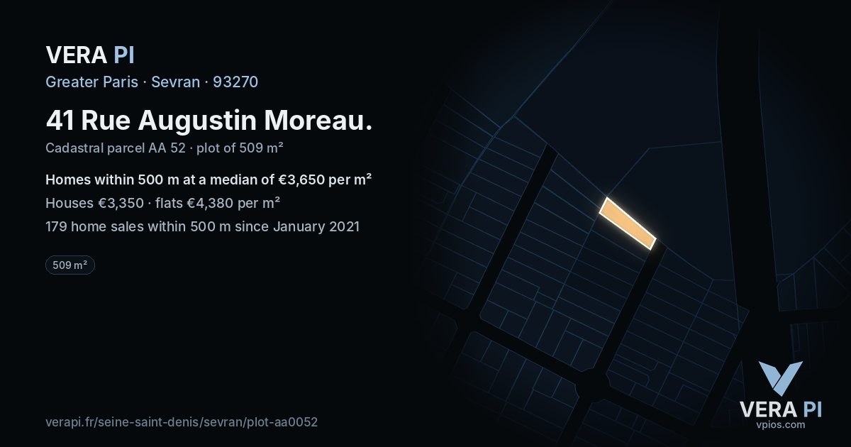 41 Rue Augustin Moreau, Sevran at night – the plot lit, the parcels around coloured by the prices near them