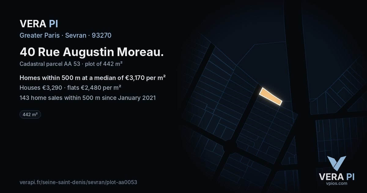 40 Rue Augustin Moreau, Sevran at night – the plot lit, the parcels around coloured by the prices near them