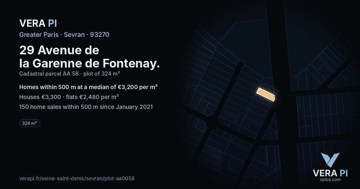 29 Avenue de la Garenne de Fontenay, Sevran at night – the plot lit, the parcels around coloured by the prices near them