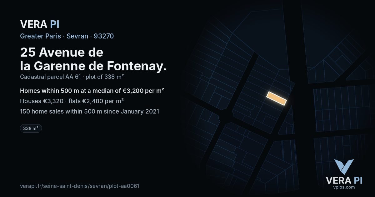 25 Avenue de la Garenne de Fontenay, Sevran at night – the plot lit, the parcels around coloured by the prices near them