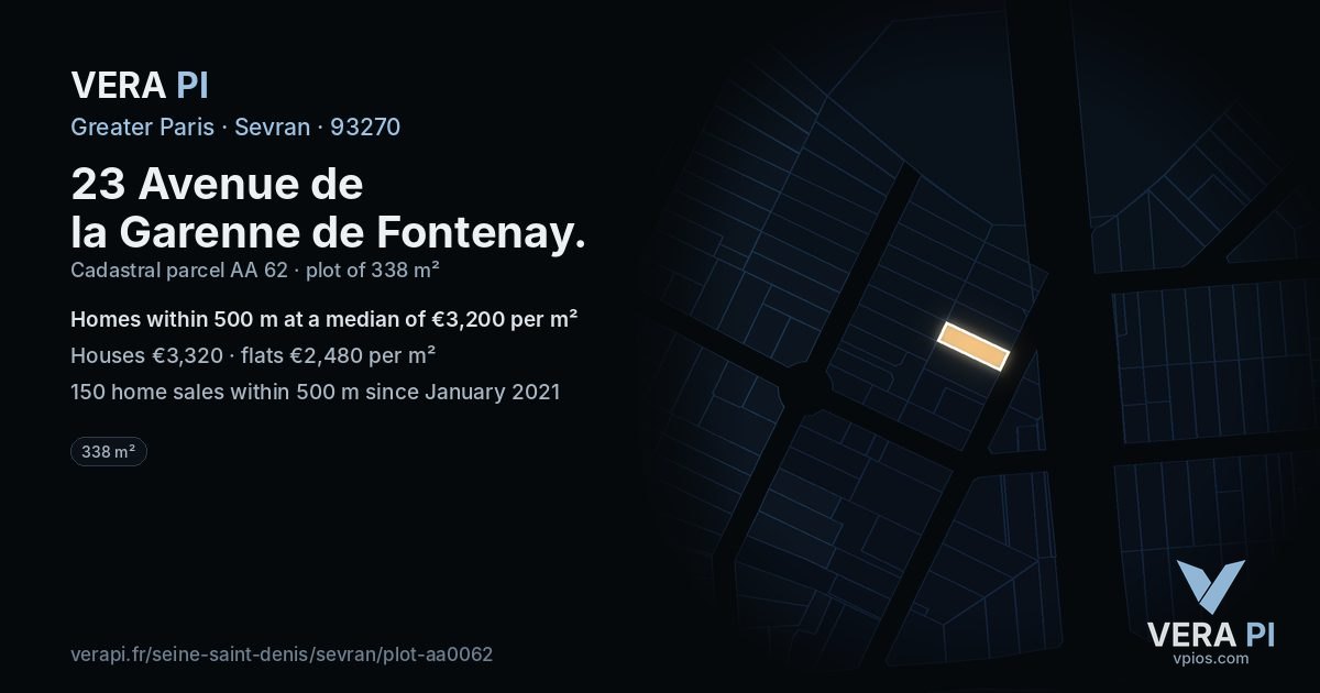 23 Avenue de la Garenne de Fontenay, Sevran at night – the plot lit, the parcels around coloured by the prices near them