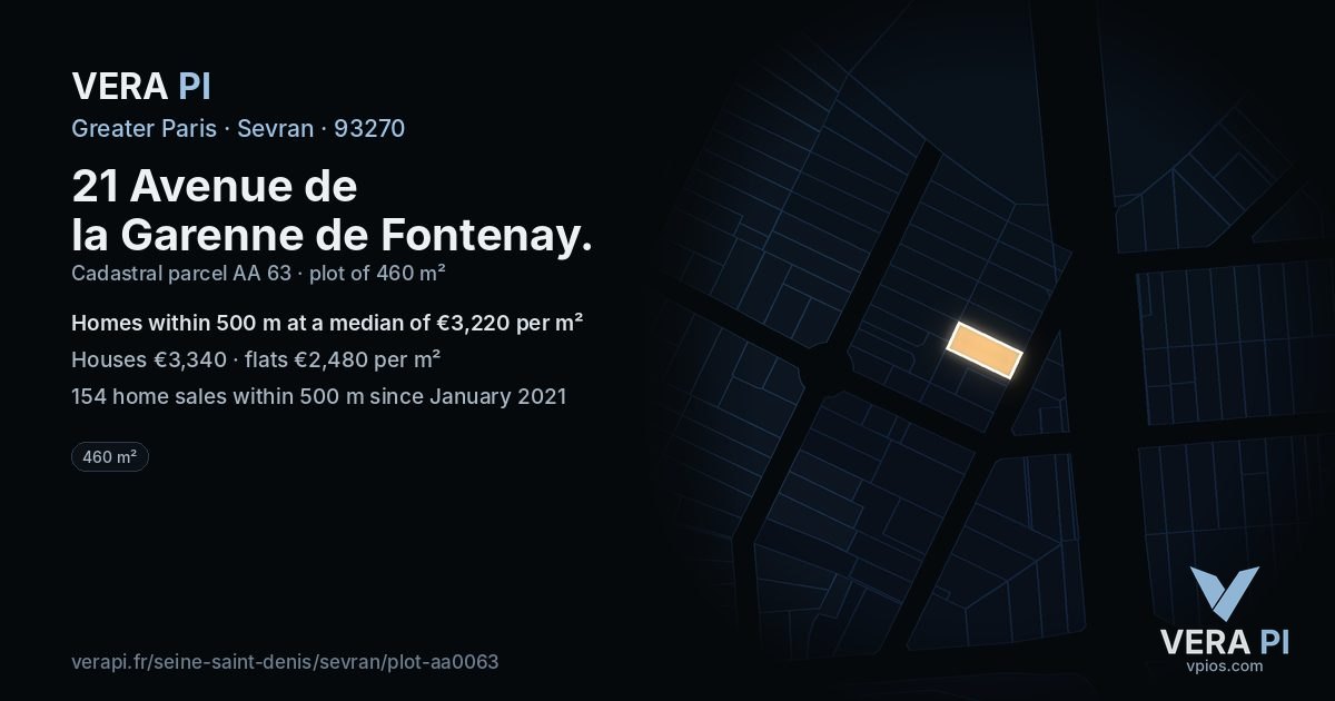 21 Avenue de la Garenne de Fontenay, Sevran at night – the plot lit, the parcels around coloured by the prices near them