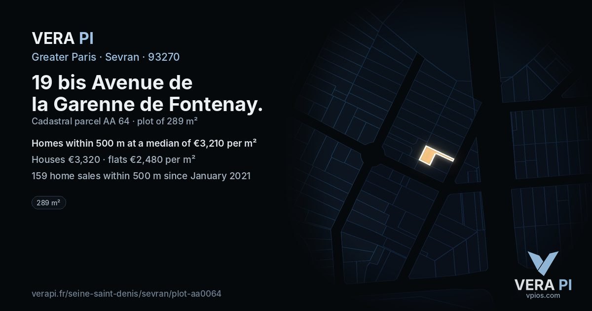 19 bis Avenue de la Garenne de Fontenay, Sevran at night – the plot lit, the parcels around coloured by the prices near them