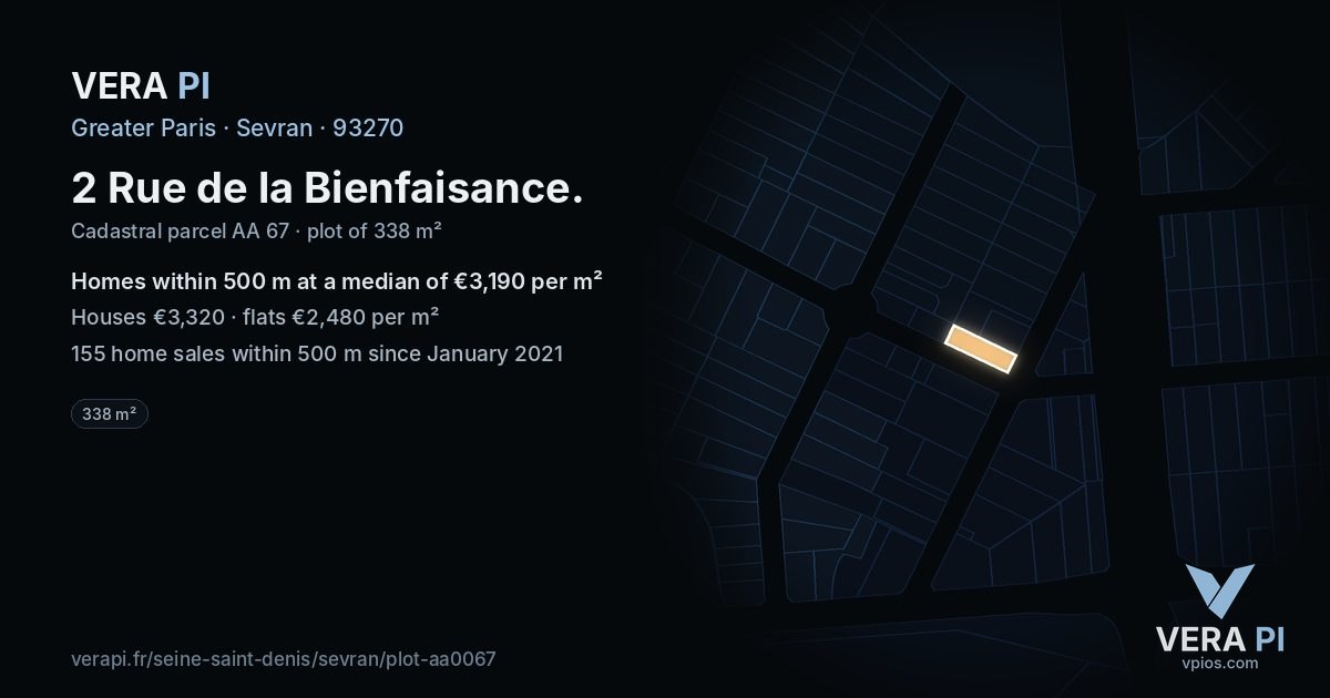 2 Rue de la Bienfaisance, Sevran at night – the plot lit, the parcels around coloured by the prices near them