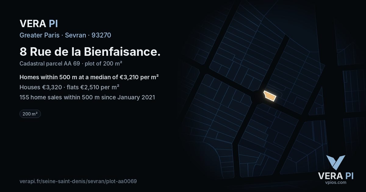 8 Rue de la Bienfaisance, Sevran at night – the plot lit, the parcels around coloured by the prices near them