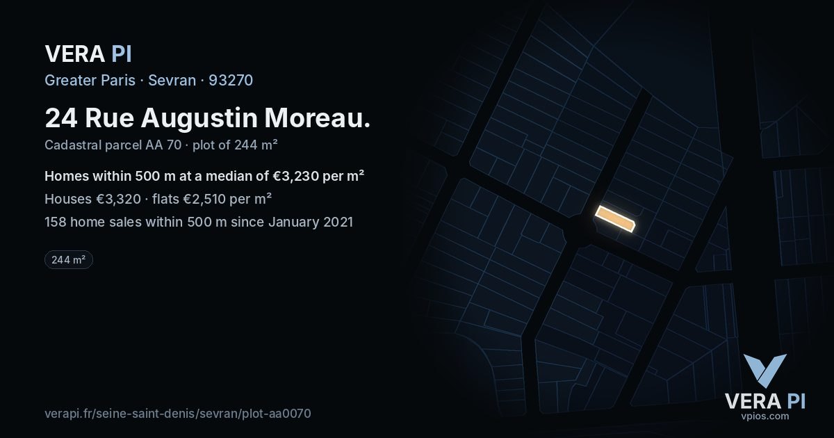 24 Rue Augustin Moreau, Sevran at night – the plot lit, the parcels around coloured by the prices near them