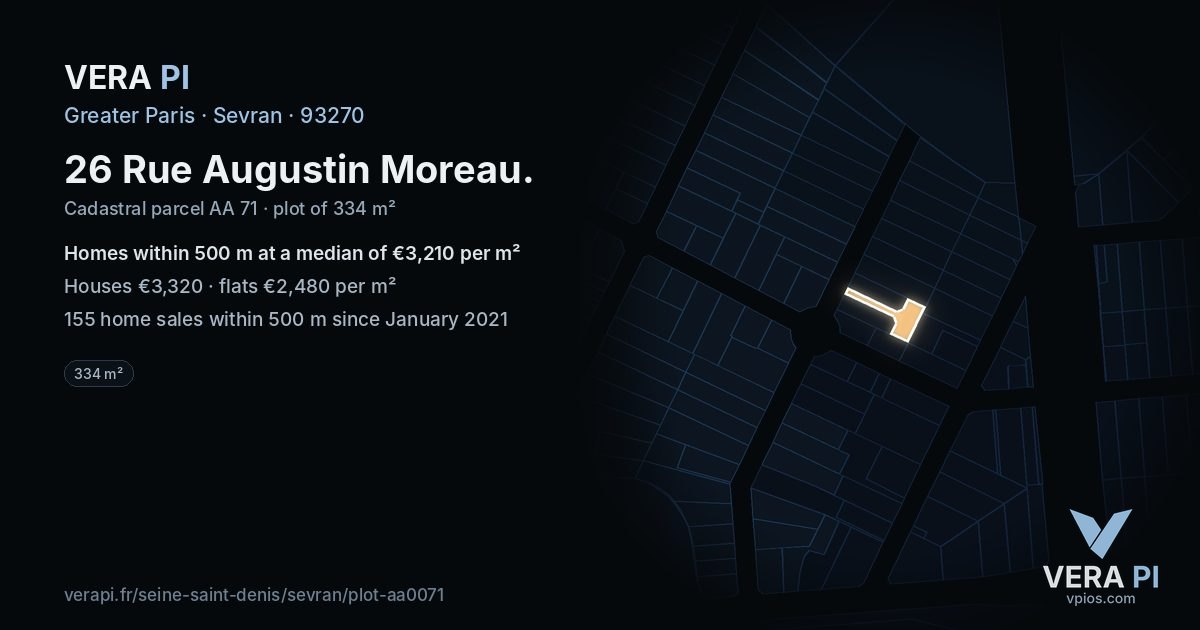 26 Rue Augustin Moreau, Sevran at night – the plot lit, the parcels around coloured by the prices near them