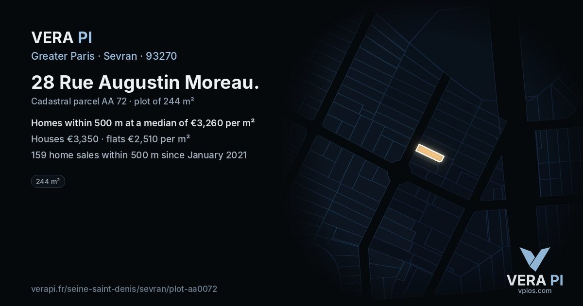 28 Rue Augustin Moreau, Sevran at night – the plot lit, the parcels around coloured by the prices near them