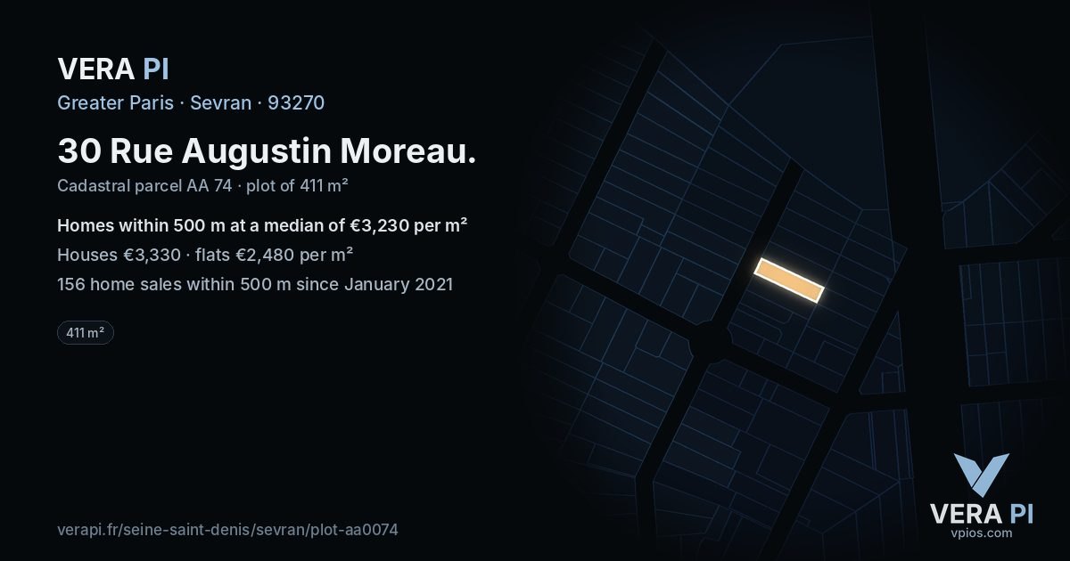 30 Rue Augustin Moreau, Sevran at night – the plot lit, the parcels around coloured by the prices near them