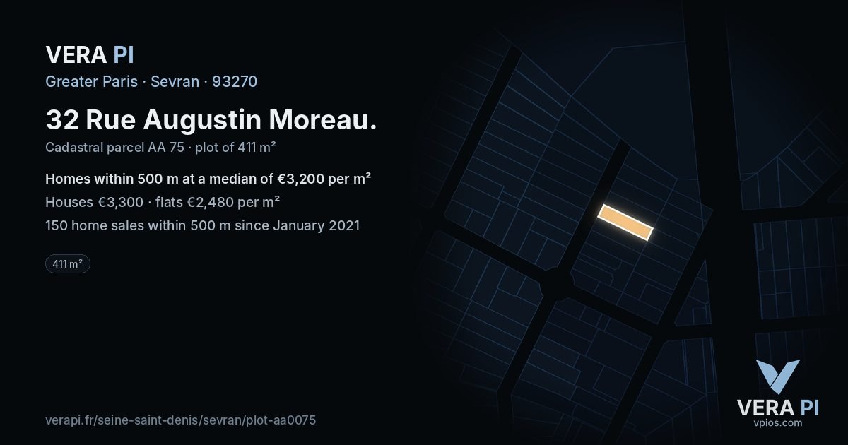 32 Rue Augustin Moreau, Sevran at night – the plot lit, the parcels around coloured by the prices near them