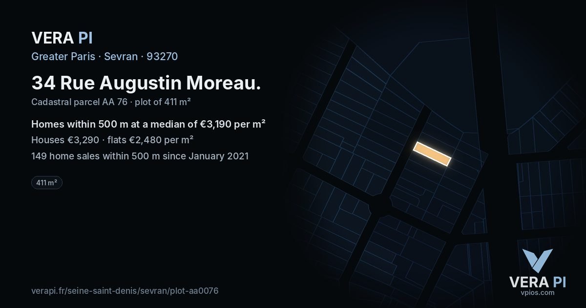 34 Rue Augustin Moreau, Sevran at night – the plot lit, the parcels around coloured by the prices near them
