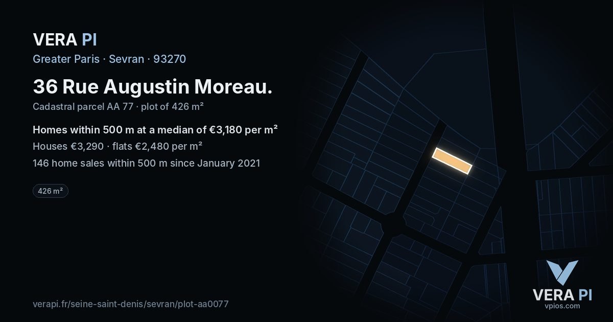 36 Rue Augustin Moreau, Sevran at night – the plot lit, the parcels around coloured by the prices near them