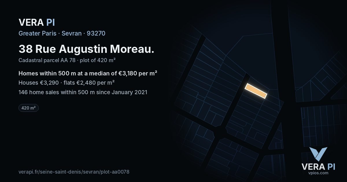 38 Rue Augustin Moreau, Sevran at night – the plot lit, the parcels around coloured by the prices near them
