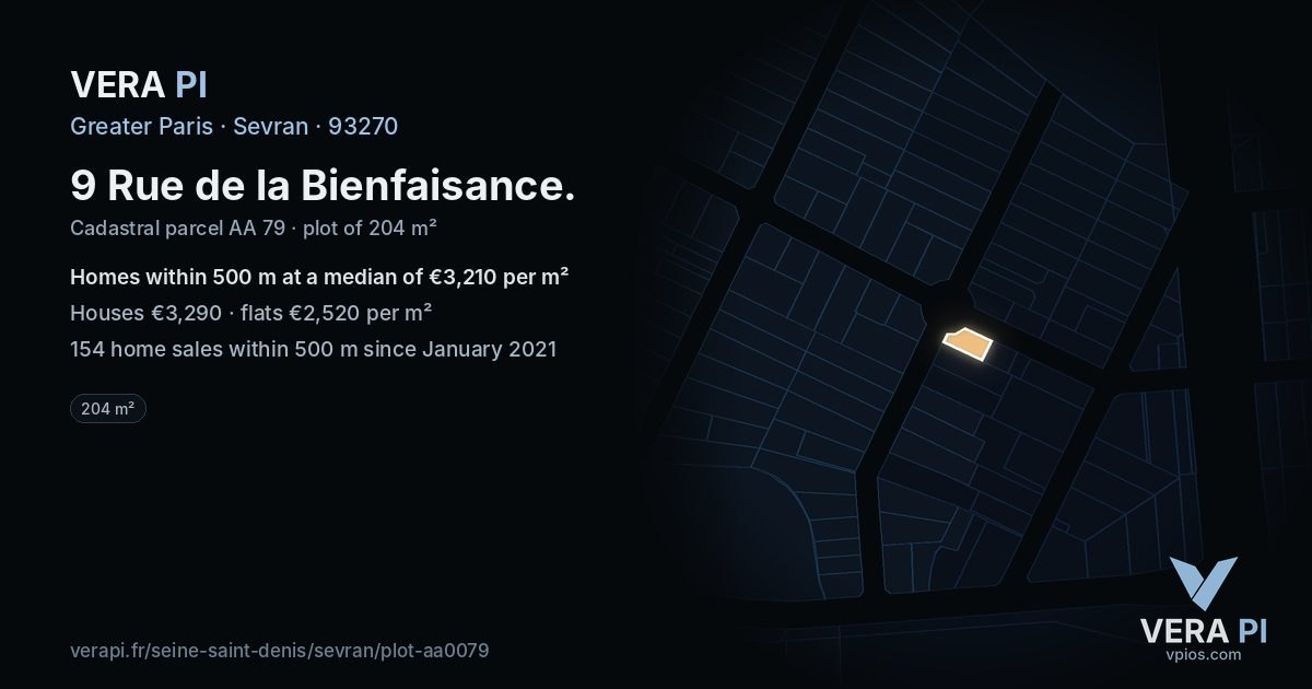 9 Rue de la Bienfaisance, Sevran at night – the plot lit, the parcels around coloured by the prices near them