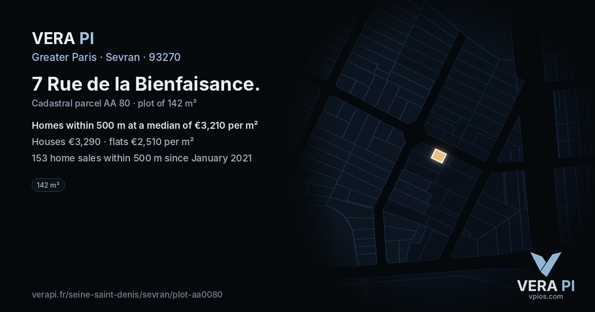 7 Rue de la Bienfaisance, Sevran at night – the plot lit, the parcels around coloured by the prices near them